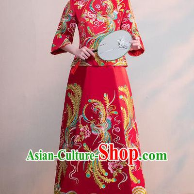 Chinese Ancient Bride Red Formal Dresses Wedding Costume Embroidered Cheongsam XiuHe Suit for Women