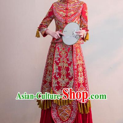 Chinese Ancient Bride Red Diamante Formal Dresses Wedding Costume Embroidered Cheongsam XiuHe Suit for Women