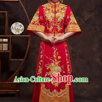 Chinese Ancient Wedding Costumes Bride Formal Dresses Embroidered Chrysanthemum Bottom Drawer Red XiuHe Suit for Women