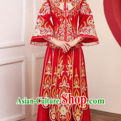 Top Grade Chinese Traditional Wedding Dress Ancient Bride Embroidered Diamante Red XiuHe Suit for Women
