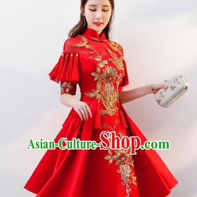 Top Grade Chinese Traditional Red Wedding Dress Ancient Bride Embroidered Cheongsam for Women