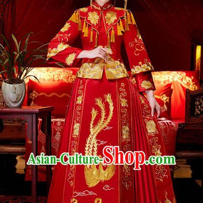 Top Grade Chinese Traditional Red Wedding Dress XiuHe Suit Ancient Bride Embroidered Phoenix Cheongsam for Women