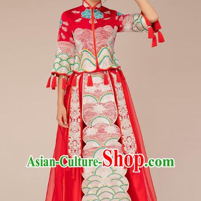 Chinese Ancient Bride Veil Formal Dresses Xiuhe Suit Embroidered Red Cheongsam Wedding Costume for Women