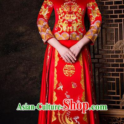 Chinese Traditional Wedding Dress Red XiuHe Suit Ancient Bride Embroidered Phoenix Cheongsam for Women