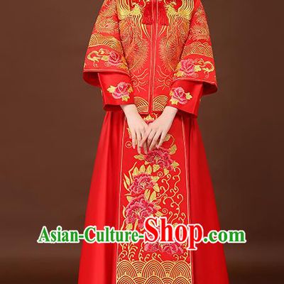 Chinese Traditional Wedding Dress Embroidered Phoenix Peony Red XiuHe Suit Ancient Bride Cheongsam for Women