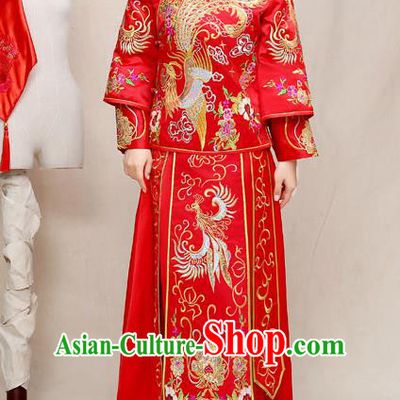 Chinese Traditional Wedding Dress Embroidered Red XiuHe Suit Ancient Bride Cheongsam for Women