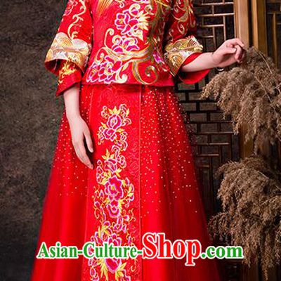 Chinese Traditional Wedding Dress XiuHe Suit Ancient Bride Embroidered Peony Toast Cheongsam for Women
