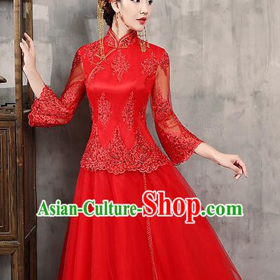 Chinese Traditional Wedding Dress Red Lace XiuHe Suit Ancient Bride Embroidered Toast Cheongsam for Women
