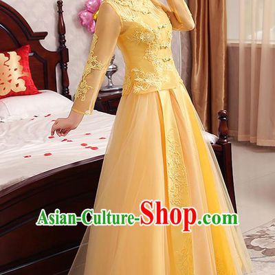 Chinese Traditional Wedding Costume Yellow Veil XiuHe Suit Ancient Bride Embroidered Toast Formal Dress for Women