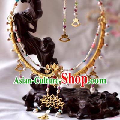 Handmade Chinese Traditional Accessories Hanfu Golden Lotus Necklace for Women