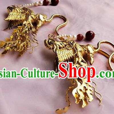 Chinese Traditional Hair Accessories Ancient Empress Golden Crane Tassel Hairpins for Women