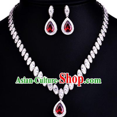 Top Grade Wedding Bride Jewelry Accessories Red Crystal Necklace and Earrings for Women
