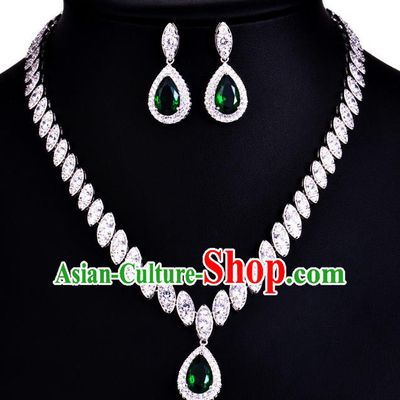 Top Grade Wedding Bride Jewelry Accessories Green Crystal Necklace and Earrings for Women