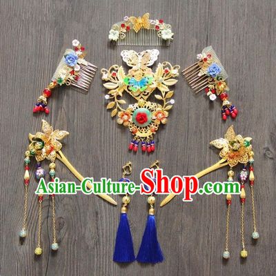 Top Grade Chinese Wedding Hair Accessories Ancient Bride Tassel Hairpins Hair Combs Complete Set for Women