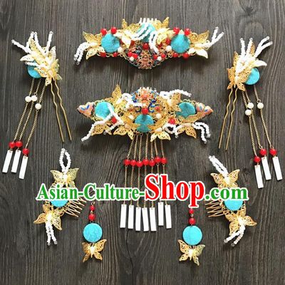 Top Grade Chinese Wedding Hair Accessories Ancient Bride Tassel Butterfly Hairpins Hair Combs Complete Set for Women