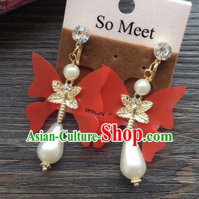 Top Grade Wedding Bride Jewelry Accessories Red Butterfly Pearl Earrings for Women
