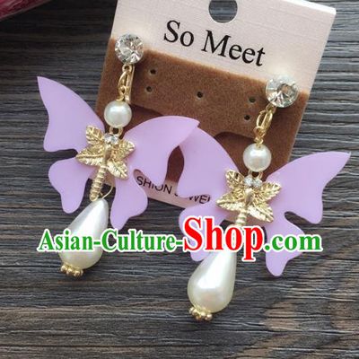 Top Grade Wedding Bride Jewelry Accessories Purple Butterfly Pearl Earrings for Women