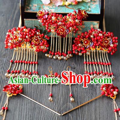 Top Grade Chinese Wedding Bride Hair Accessories Ancient Red Beads Hairpins Complete Set for Women