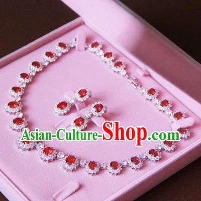 Top Grade Wedding Bride Jewelry Accessories Zircon Red Crystal Necklace and Earrings for Women