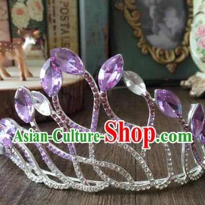 Top Grade Baroque Queen Purple Crystal Royal Crown Wedding Bride Hair Accessories for Women