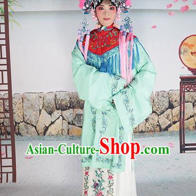 Professional Chinese Beijing Opera Diva Embroidered Green Costumes Red Shawl Clothing and Headwear for Adults