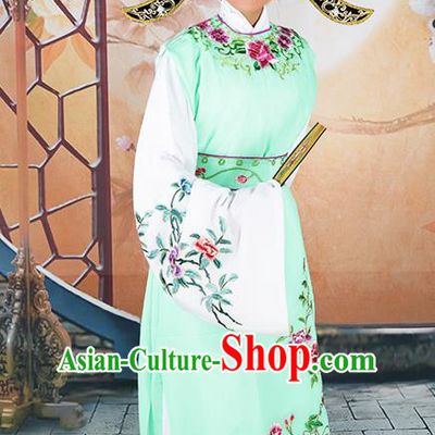 Professional Chinese Peking Opera Niche Costume Huangmei Opera Jia Baoyu Green Robe and Hat for Adults