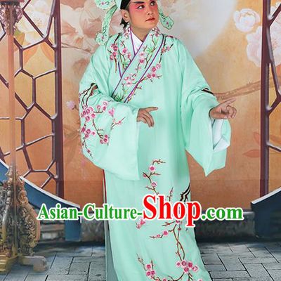 Professional Chinese Peking Opera Niche Costume Traditional Peking Opera Plum Blossom Green Robe and Hat for Adults