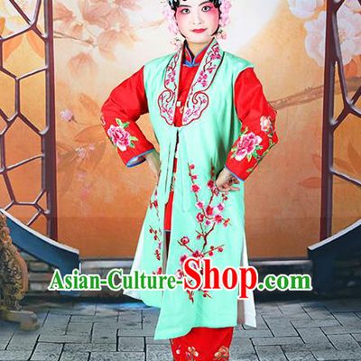 Professional Chinese Beijing Opera Maidservants Embroidered Plum Blossom Green Costumes for Adults