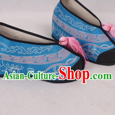 Chinese Traditional Beijing Opera Diva Embroidered Shoes Peking Opera Blue Cloth Shoes for Women