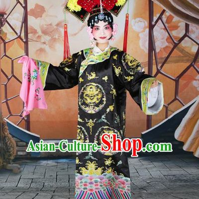 Professional Chinese Beijing Opera Qing Dynasty Empress Embroidered Black Costumes and Headwear for Adults