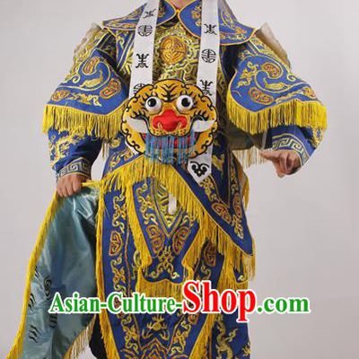 Professional Chinese Peking Opera General Blue Embroidered Costume Beijing Opera Takefu Clothing and Hat for Adults