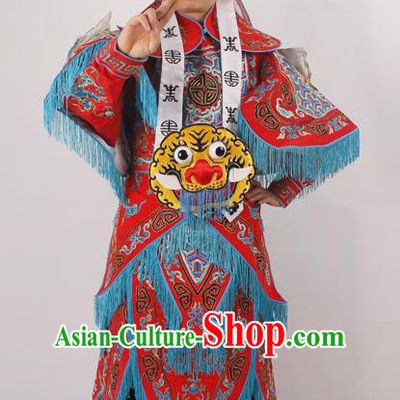 Professional Chinese Peking Opera General Red Embroidered Costume Beijing Opera Takefu Clothing and Hat for Adults