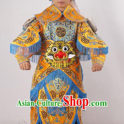 Professional Chinese Peking Opera General Yellow Embroidered Costume Beijing Opera Takefu Clothing and Hat for Adults