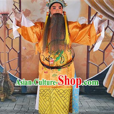 Professional Chinese Peking Opera Old Gentleman Costume Yellow Embroidered Robe and Hat for Adults