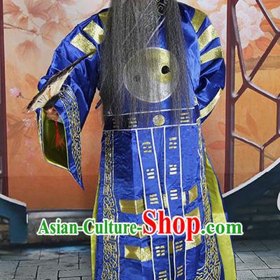 Professional Chinese Peking Opera Military Counsellor Costume Blue Priest Robe and Hat for Adults