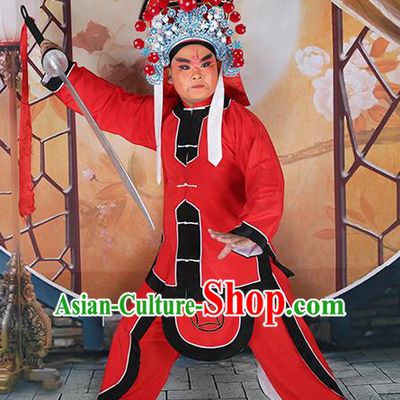 Professional Chinese Peking Opera Imperial Bodyguard Red Costume and Hat for Adults