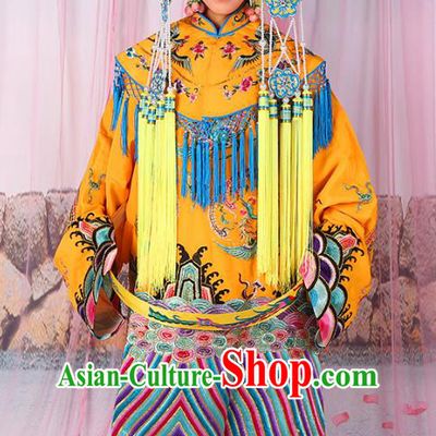 Professional Chinese Beijing Opera Diva Imperial Consort Embroidered Yellow Costumes and Phoenix Coronet for Adults