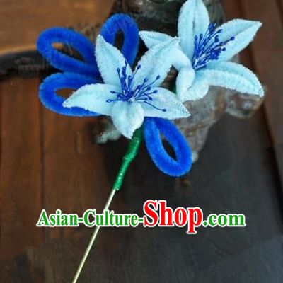 Top Grade Chinese Handmade Hair Accessories Qing Dynasty Blue Velvet Flowers Hairpins for Women