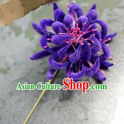 Top Grade Chinese Handmade Hair Accessories Qing Dynasty Purple Velvet Chrysanthemum Flowers Hairpins for Women