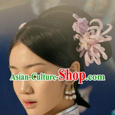 Top Grade Chinese Handmade Hair Accessories Qing Dynasty Pink Velvet Chrysanthemum Flowers Hairpins for Women