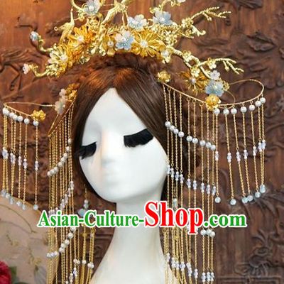 Chinese Handmade Ancient Wedding Hair Accessories Golden Tassel Phoenix Coronet Hairpins Complete Set for Women