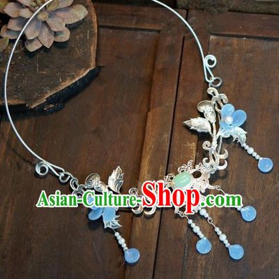 Chinese Handmade Blue Flowers Necklace Ancient Bride Hanfu Necklet Jewelry Accessories for Women
