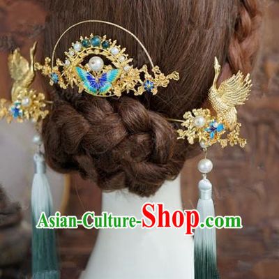 Chinese Handmade Wedding Hair Accessories Ancient Bride Blueing Butterfly Hairpins Complete Set for Women