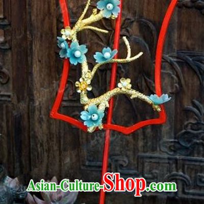 Top Grade Chinese Handmade Palace Fans Ancient Wedding Blue Plum Blossom Round Fans for Women