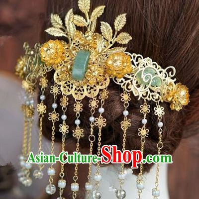 Chinese Handmade Wedding Hair Accessories Ancient Bride Jadeite Tassel Hairpins Complete Set for Women