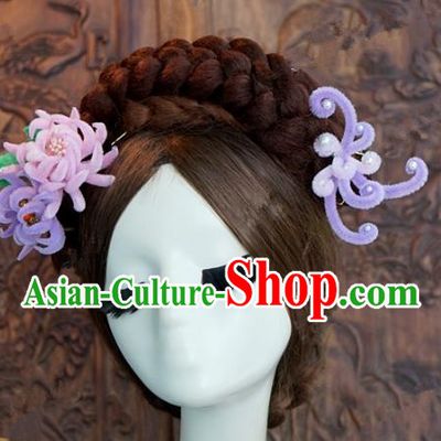 Top Grade Chinese Handmade Hair Accessories Qing Dynasty Princess Purple Velvet Chrysanthemum Hairpins for Women