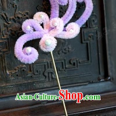 Chinese Handmade Hair Accessories Qing Dynasty Princess Purple Velvet Flowers Hairpins for Women