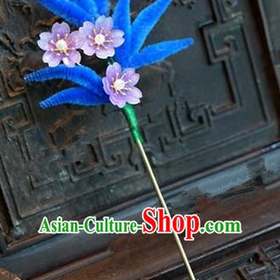 Chinese Handmade Hair Accessories Qing Dynasty Princess Blue Velvet Leaf Hairpins for Women