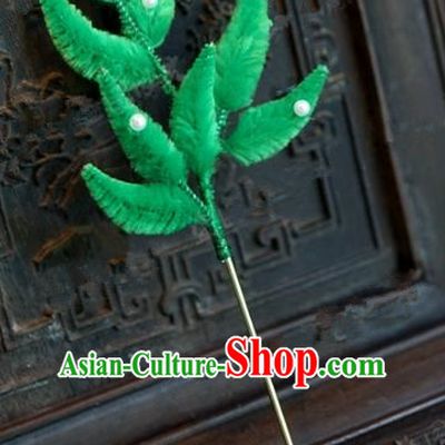 Chinese Handmade Hair Accessories Qing Dynasty Princess Green Velvet Leaf Hairpins for Women