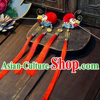 Chinese Handmade Ancient Hair Accessories Princess Red Tassel Hairpins for Women